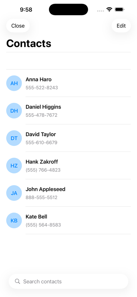 Mobile App-Oberfläche, die eine Liste von Kontakten mit Namen, Telefonnummern und einer Suchleiste anzeigt