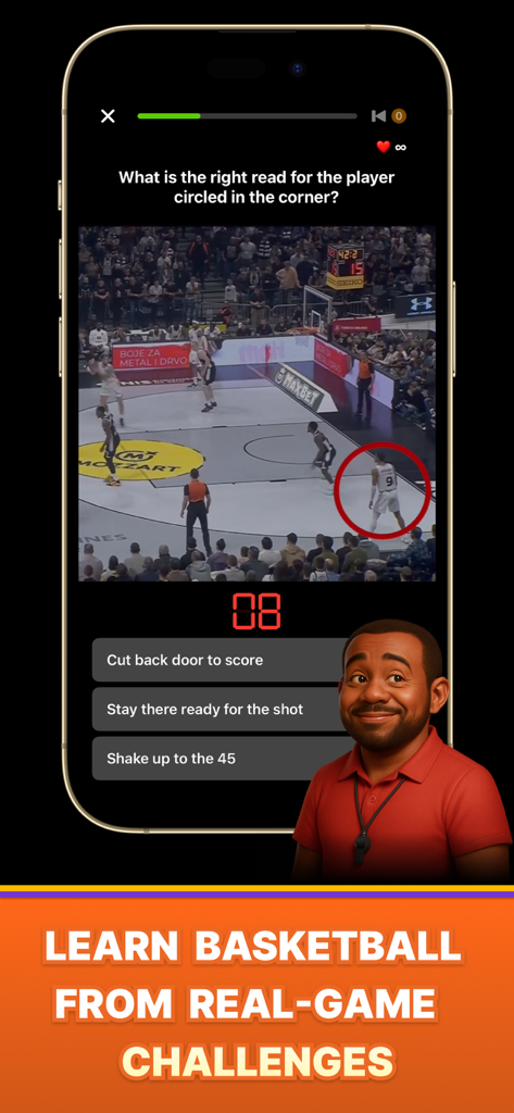HooperIQ: Learn Basketball - HooperIQ app screenshot showing a basketball game film quiz to learn player reads
