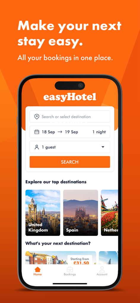 The home screen of the easyHotel app featuring a hotel search bar and top destinations in Europe.