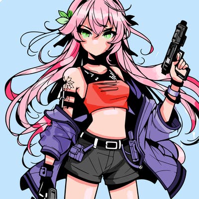 bad girl wearing crop top holding a gun long hair anime