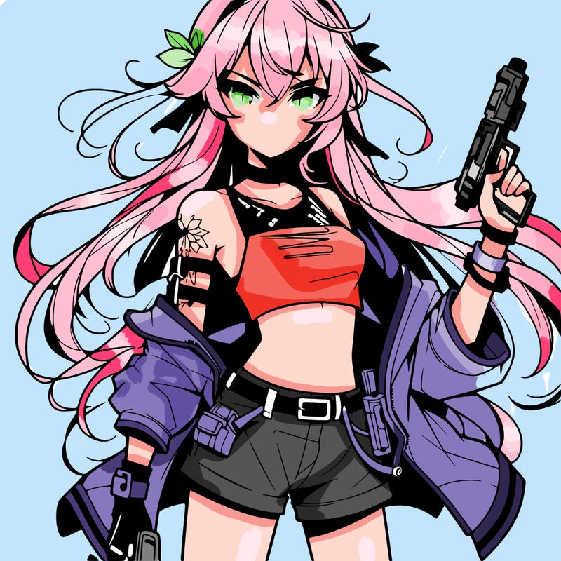 bad girl wearing crop top holding a gun long hair anime