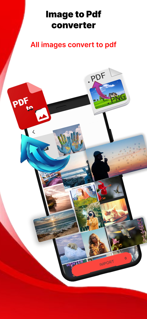 Image To PDF: OCR Text Scanner - Pantalla de smartphone mostrando una galería de imágenes siendo convertida en un documento PDF