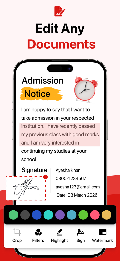 Scanova: PDF Scanner App - Interfaz de la aplicación móvil que muestra la edición de documentos con firma digital y funciones de resaltado
