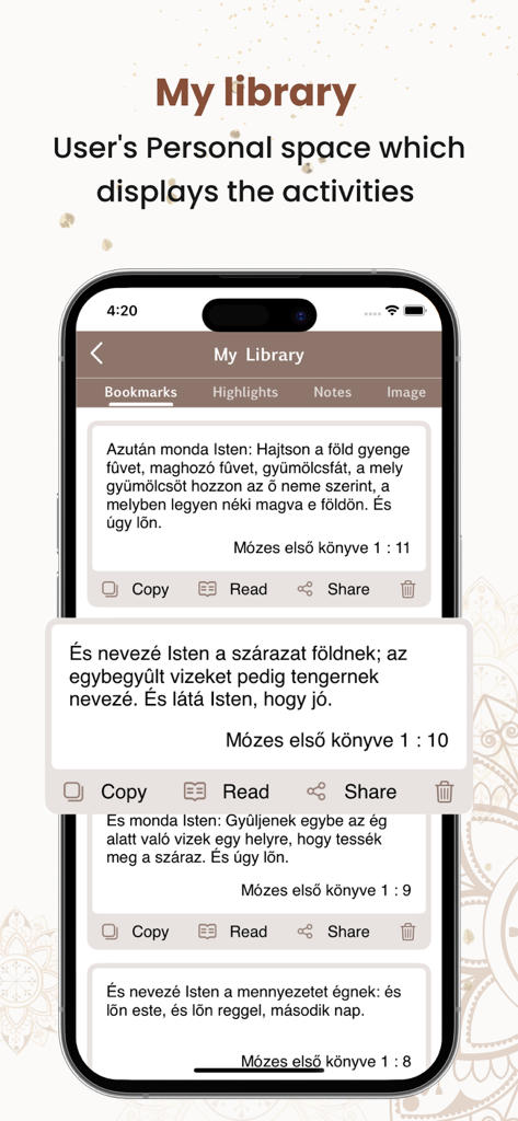 Interface of the Hungarian Bible app showing the My Library section with bookmarked verses and scripture activities.