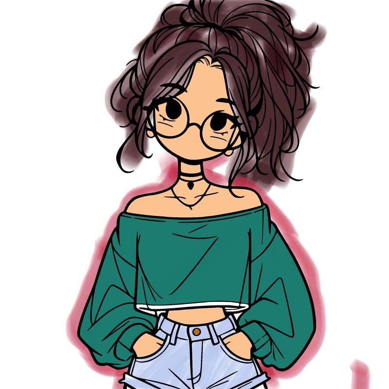 girl with a messy ponytail glasses a baggy crop top and jean shorts