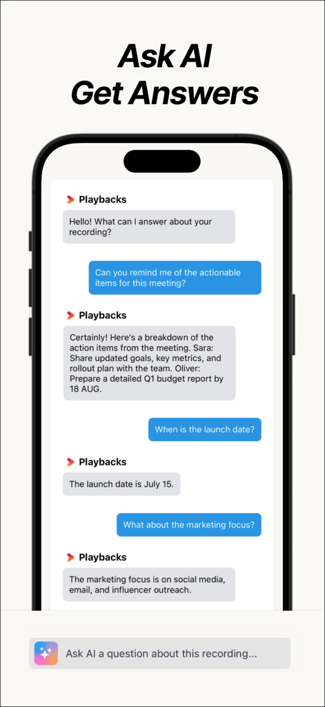 Playbacks: AI Note Taker - A smartphone showing the Playbacks app chat interface where a user asks AI for meeting action items and summaries