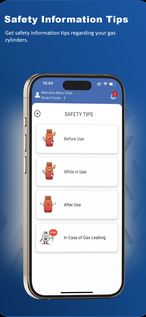 Safety information tips screen in the D SMART GAZ app showing gas cylinder handling categories