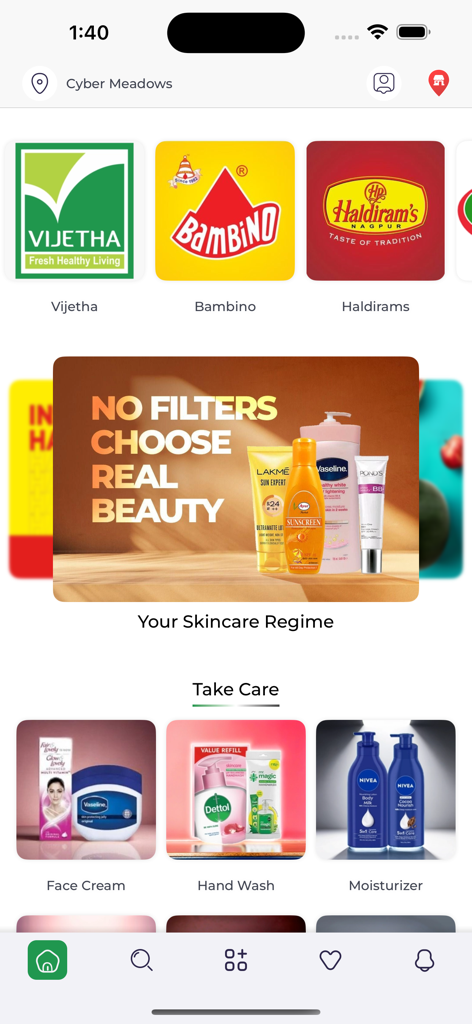 Vijetha Online App - Vijetha Online App interface showing skincare and personal care categories including face cream hand wash and moisturizer