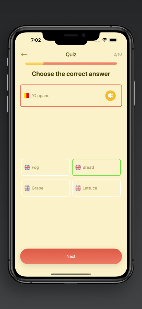 A vocabulary quiz screen in the Learn Neapolitan app showing a multiple choice question to translate the Neapolitan word for bread into English.