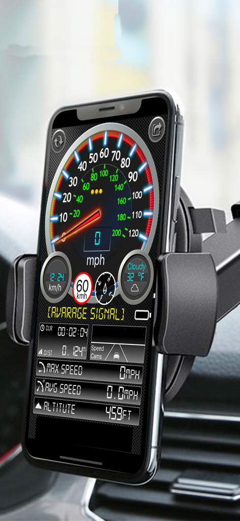 iPhone mounted on a car dashboard displaying the Speedmeter plus app with speed altitude and compass data