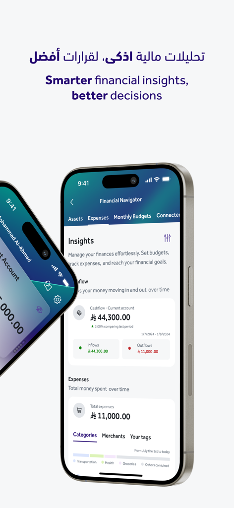 Riyad Bank app interface showing the Financial Navigator with cashflow and expense tracking insights.