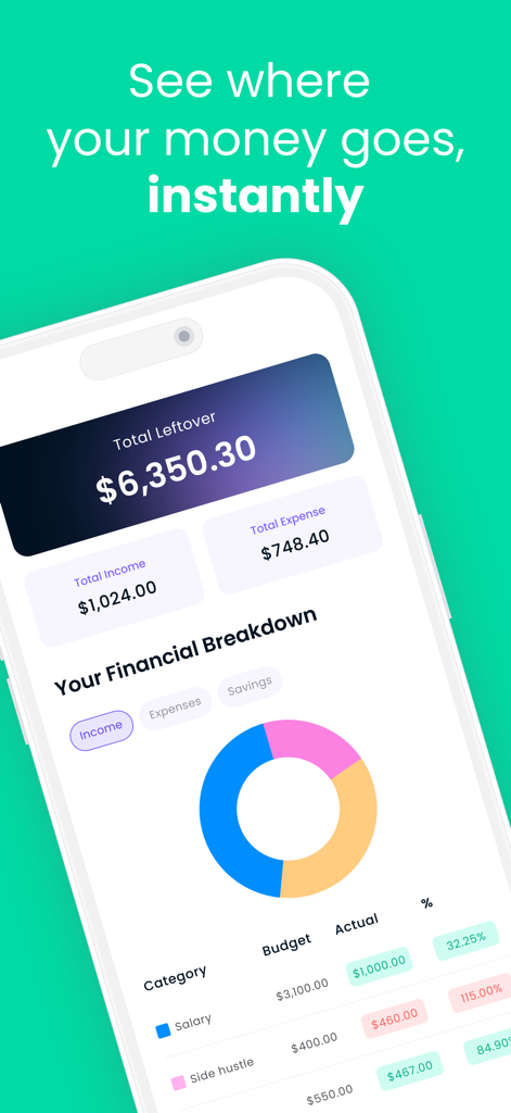 Billroo: Budget & Finance - Billroo app dashboard displaying a financial breakdown with income expenses and budget categories