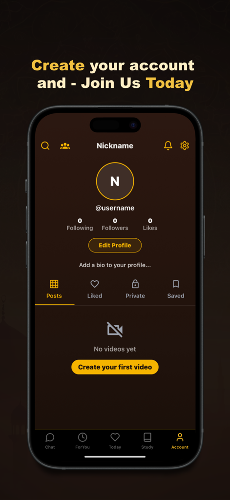 Interfaz de perfil de usuario de la aplicación móvil Islam Chat Deeny mostrando creación de cuenta y pestañas sociales