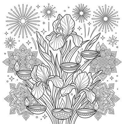 Immerse yourself in the vibrant spirit of Diwali with this unique coloring page, blending the delicate beauty of irises with traditional festive motifs. It's a perfect fusion of natural elegance and joyous celebration, waiting for your creative touch.