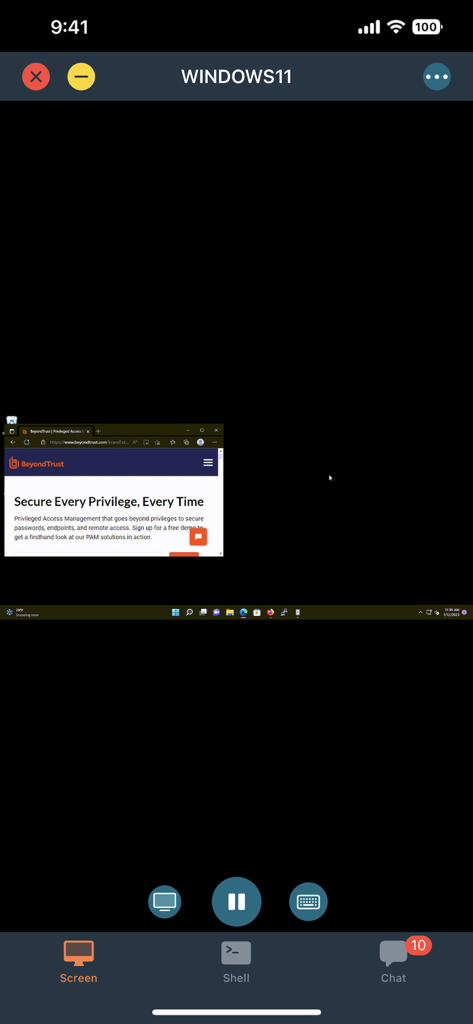 Aplicativo móvel BeyondTrust Access Console exibindo uma sessão remota de desktop do Windows 11