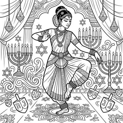 Immerse yourself in a unique cultural celebration with this exquisite coloring page featuring a graceful Bharatanatyam dancer. Discover a festive scene adorned with traditional Hanukkah symbols, perfect for creative expression.