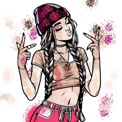 realistic teenage girl with braids and a beanie and crop top doing 🫶🏼