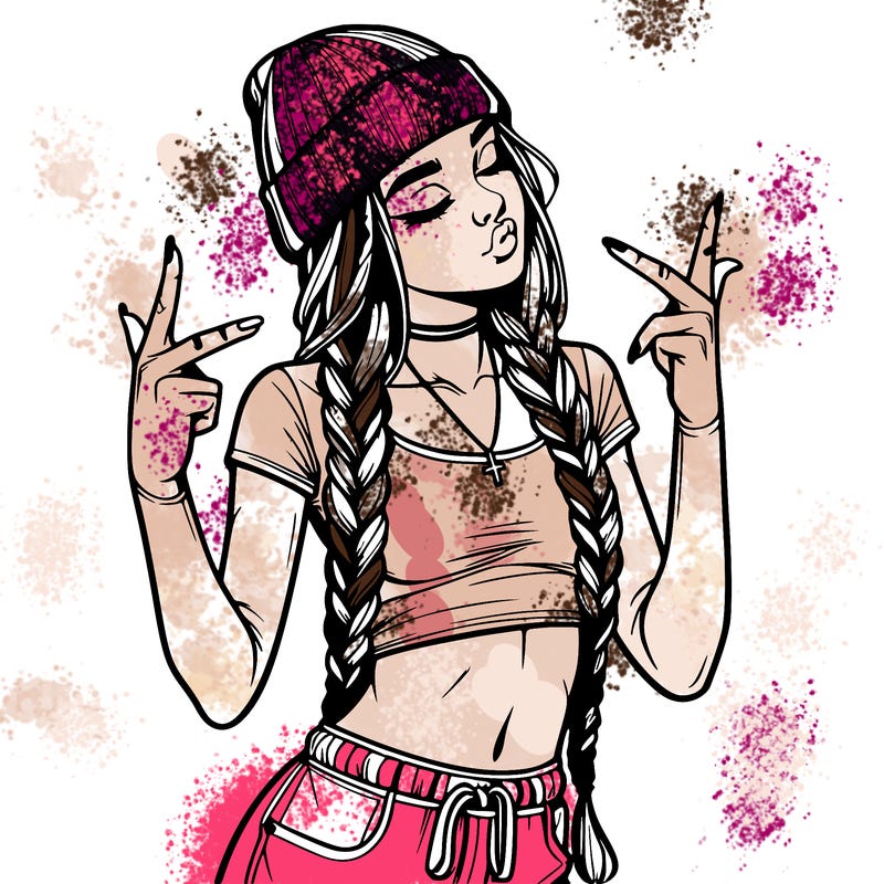 realistic teenage girl with braids and a beanie and crop top doing 🫶🏼