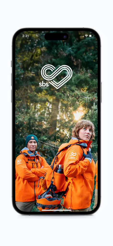 SBS Mobile - SBS Bank app welcome screen showing people in outdoor gear and the company logo