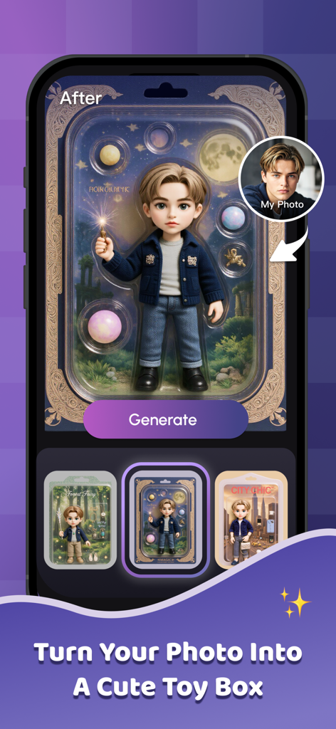 AI Vista - A mobile app interface showing a portrait of a man transformed into a cute 3D toy figure inside a collectible toy box package using AI.