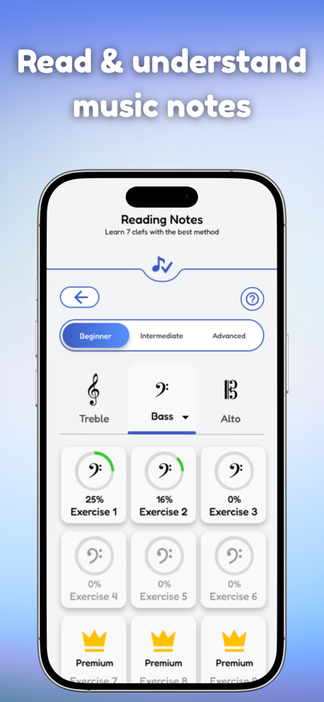 Go Practice Music - A interface do aplicativo Go Practice Music mostrando exercícios de leitura de notas para diferentes claves musicais, incluindo clave de sol e fá
