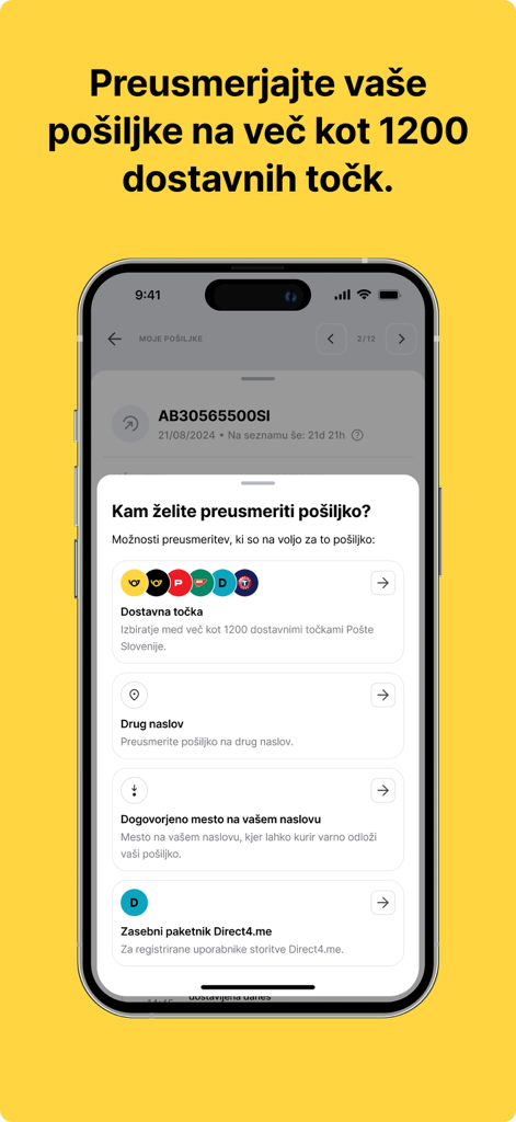 Aplicativo móvel MojaPošta mostrando opções para redirecionar remessas para diferentes locais de entrega e armários.