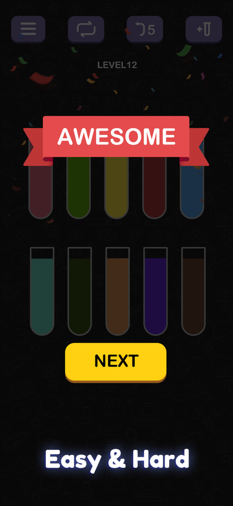 Schermata di successo di Water Sort Puzzle che mostra bottiglie piene di colori ordinati e un banner Fantastico.