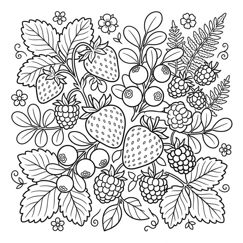 Dive into a delightful world of nature with this charming cottagecore coloring page featuring an abundance of sweet berries. Designed for kids, it offers a perfect blend of fun and learning as they bring strawberries, blueberries, and raspberries to life.