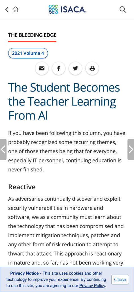 ISACA Journal - La aplicación móvil ISACA Journal muestra un artículo sobre el aprendizaje de la inteligencia artificial