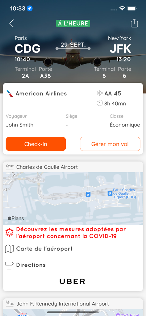 MisterFly - MisterFly mobile app interface displaying flight details for a trip from Paris to New York with airport maps and travel assistance features.