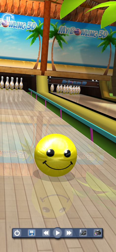 My Bowling 3D - A yellow smiley face bowling ball rolling down a lane in a tropical themed alley in My Bowling 3D.