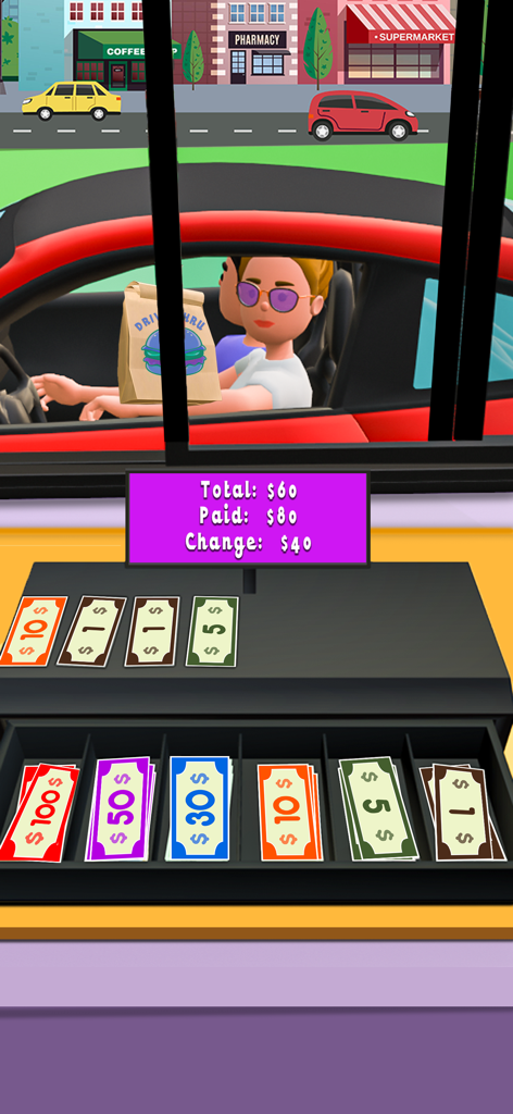 Uma simulação 3D de um caixa atendendo um cliente na janela do drive-thru com uma caixa registradora em primeiro plano.