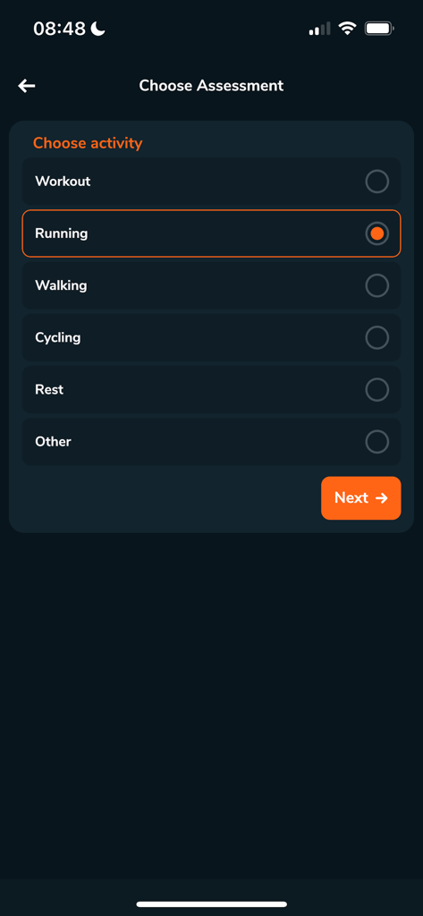 Calibre Biometrics - Assessment activity selection screen in the Calibre Biometrics app showing Running as the selected option