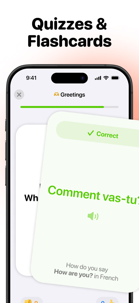 Una pantalla de cuestionario de aprendizaje de idiomas en la aplicación Talk AI con tarjetas de saludos en francés en un iPhone