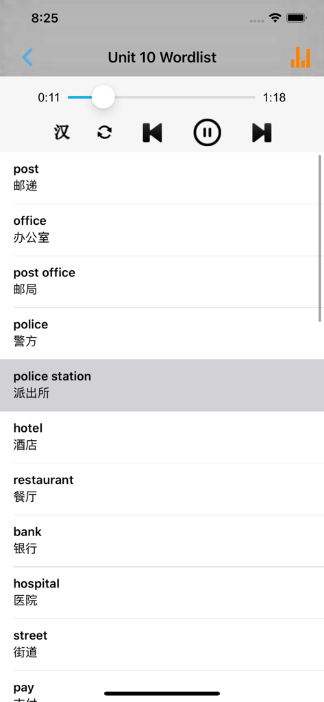 初中英语六年级上下册鲁教版 -五四学制 - Bilingual English-Chinese word list with audio playback controls for 6th grade students.