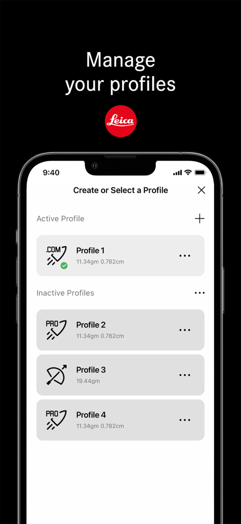 Leica Ballistics app interface showing the manage your profiles screen on an iPhone