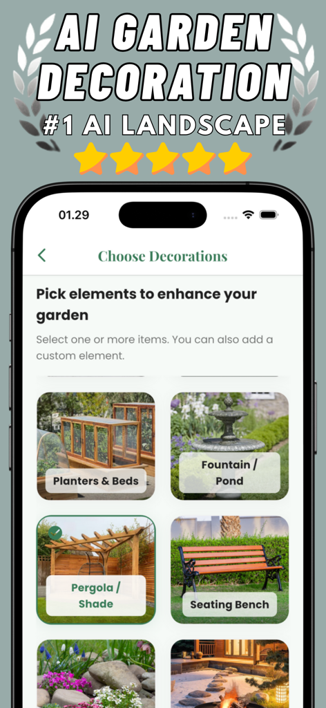 AI Garden Decoration Landscape - Mobile app interface of AI Garden Decoration showing various landscaping elements like fountains pergolas and benches for selection