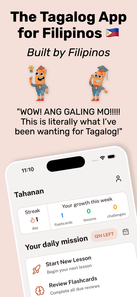 Tahanan app interface showing the daily mission and learning progress dashboard for Tagalog learners.