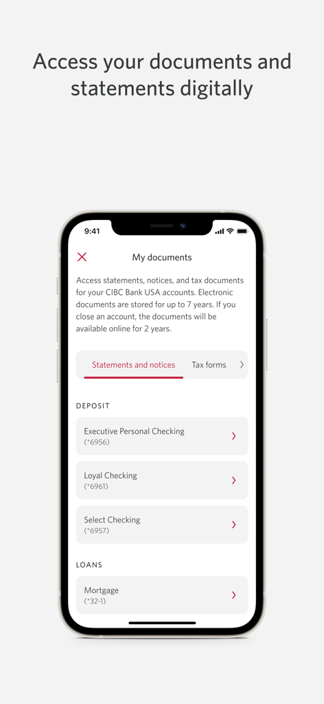Digital documents and statements screen in the CIBC US Mobile Banking app