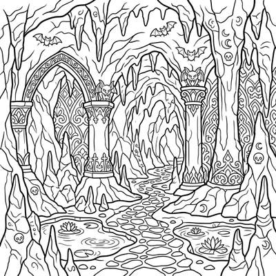 Dive into an exciting adventure with this gothic cave coloring page, specially designed for kids. Discover flying bats, mysterious gargoyles, and intricate patterns hidden within its depths.