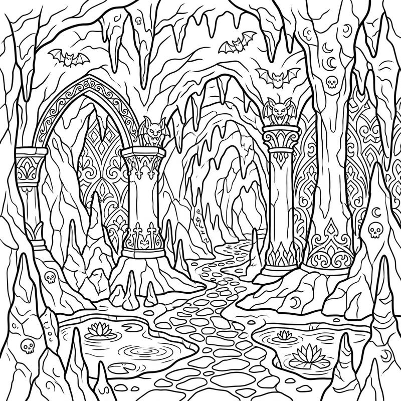 Dive into an exciting adventure with this gothic cave coloring page, specially designed for kids. Discover flying bats, mysterious gargoyles, and intricate patterns hidden within its depths.