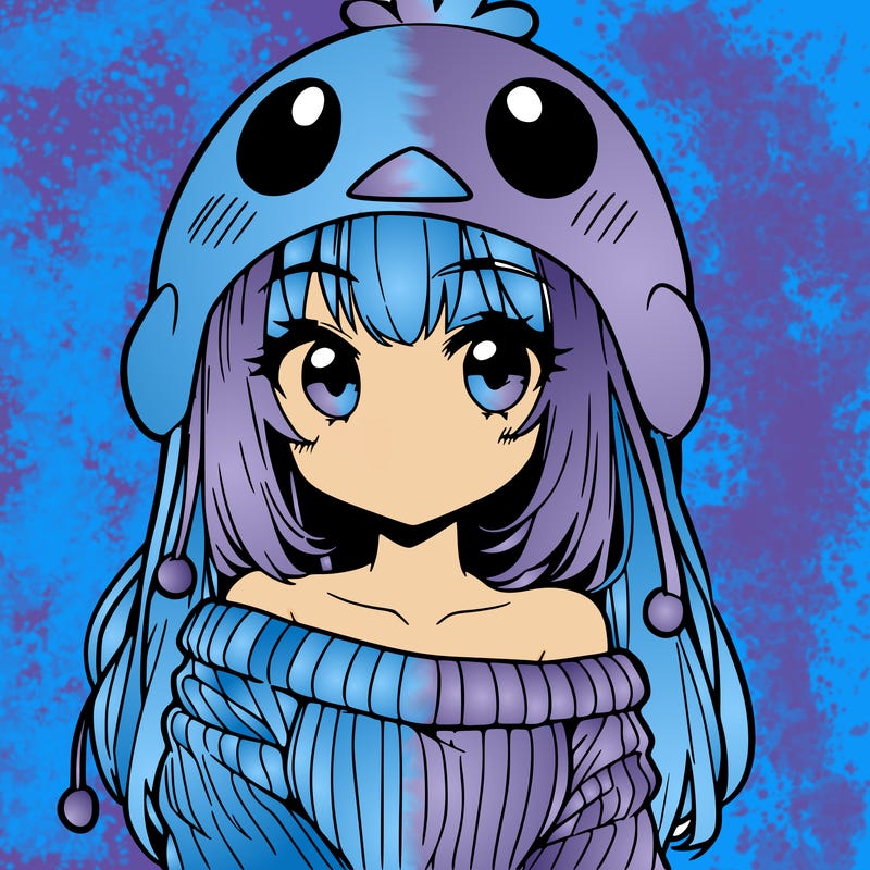 anime girl with chick shaped hat with sweater with bare shoulders with bangs covering them one eye with low tail