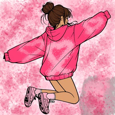 realistic girl jumping with a bun and oversized sweatshirt