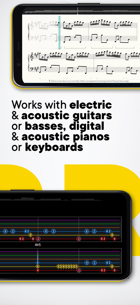 Rocksmith plusアプリの画面。ピアノの楽譜と、ギターとベース学習用のゲーミフィケーションされたノートウェイが表示されています。