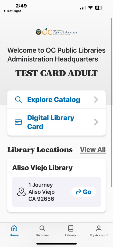 MyOCPL Mobile - Haupt-Dashboard der MyOCPL Mobile App mit schnellen Links zur Katalogsuche, zum Zugriff auf einen digitalen Bibliotheksausweis und zur Anzeige von Bibliotheksstandorten wie Aliso Viejo.