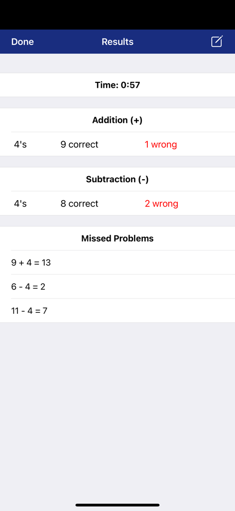 Math Fact Master app results screen showing timed performance and a breakdown of correct and missed addition and subtraction problems