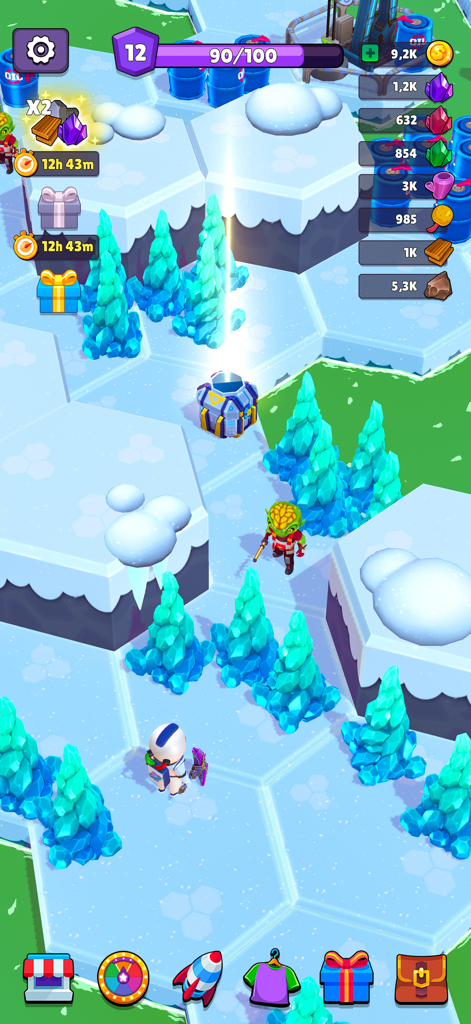 Astronaut exploring a snowy alien terrain with crystal trees and resource meters