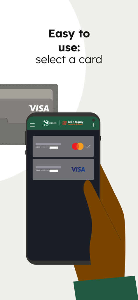 Mobile interface of Nedbank Scan to Pay showing the selection of a registered bank card.