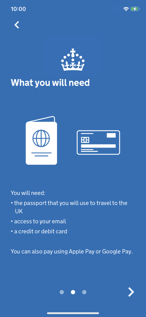 UK ETA app screen showing the requirements for application including a passport and credit card