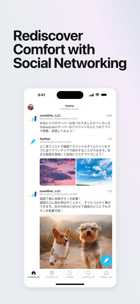 feather for Mastodon - Un smartphone mostrando la interfaz de la aplicación feather para Mastodon con un feed social limpio y varias publicaciones de medios.